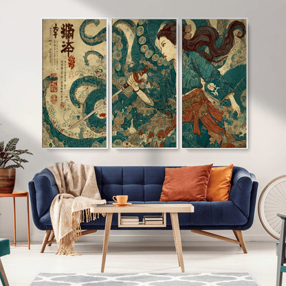46837670-MGV-FC-48X32-3P_White-Tsukioka Yoshitoshi Samurai Wall Art Print, Japanese Katana Warrior Canvas Wall Art, Octopus Sea Monster Canvas Print,