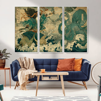 24416422-MGV-FC-48X32-3P_White-Tsukioka Yoshitoshi Samurai Wall Art Print, Japanese Katana Warrior Canvas Wall Art, Octopus Sea Monster Canvas Print,