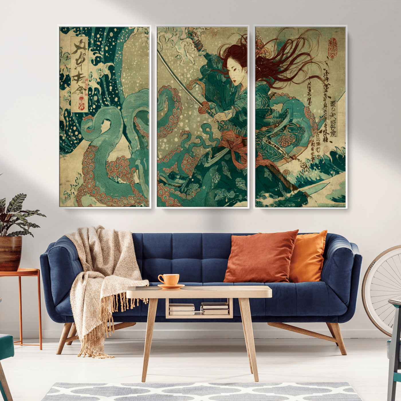 86918027-MGV-FC-48X32-3P_White-Tsukioka Yoshitoshi Samurai Wall Art Print, Japanese Katana Warrior Canvas Wall Art, Octopus Sea Monster Canvas Print,