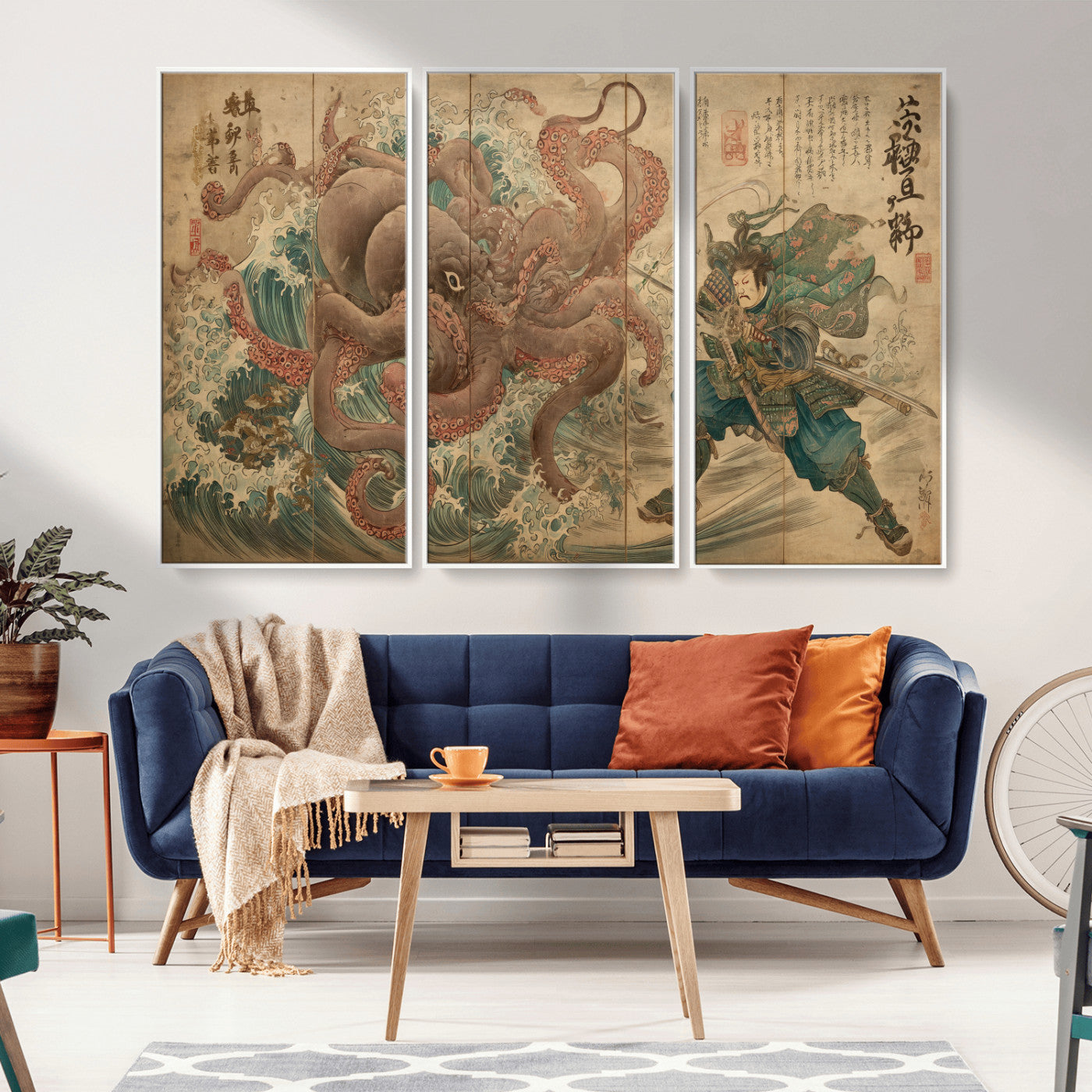 63782167-MGV-FC-48X32-3P_White-Tsukioka Yoshitoshi Samurai Wall Art Print, Japanese Katana Warrior Canvas Wall Art, Octopus Sea Monster Canvas Print,