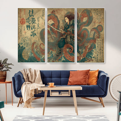 98593115-MGV-FC-48X32-3P_White-Tsukioka Yoshitoshi Samurai Wall Art Print, Japanese Katana Warrior Canvas Wall Art, Octopus Sea Monster Canvas Print,