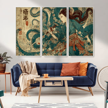 18575670-MGV-CV-36X24-Samurai Woman vs Octopus Wall Art – Japanese Ukiyo-e Ocean Battle Canvas Print, Traditional Warrior Artwork for Living Room,