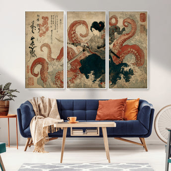 50812504-MGV-FC-48X32-3P_White-Tsukioka Yoshitoshi Samurai Wall Art Print, Japanese Katana Warrior Canvas Wall Art, Octopus Sea Monster Canvas Print,