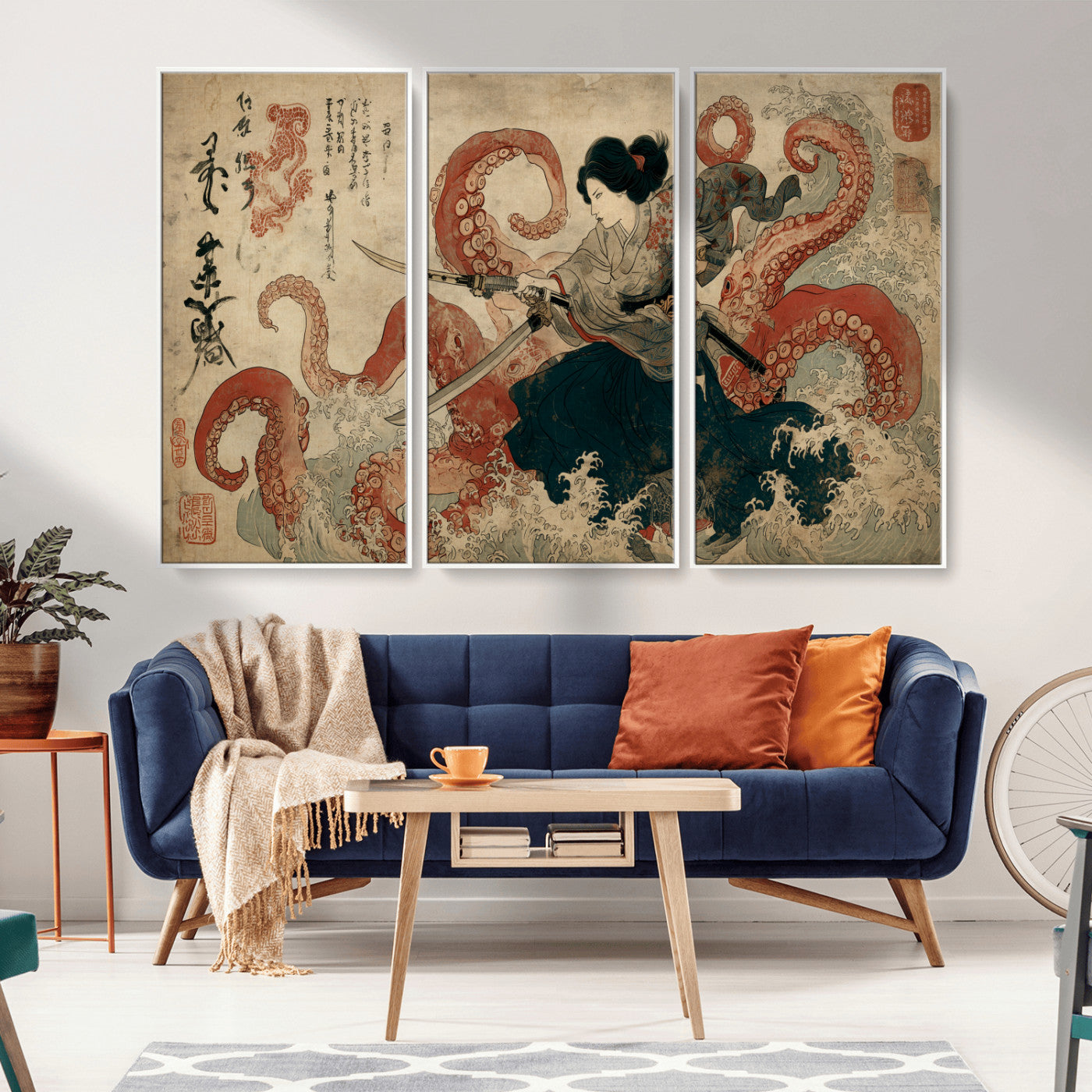50812504-MGV-CV-36X24-Samurai Woman vs Octopus Wall Art – Japanese Ukiyo-e Red Tentacle Canvas Print, Ocean Battle Artwork for Living Room, Office, Man