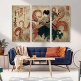 50812504-MGV-CV-36X24-Samurai Woman vs Octopus Wall Art – Japanese Ukiyo-e Red Tentacle Canvas Print, Ocean Battle Artwork for Living Room, Office, Man