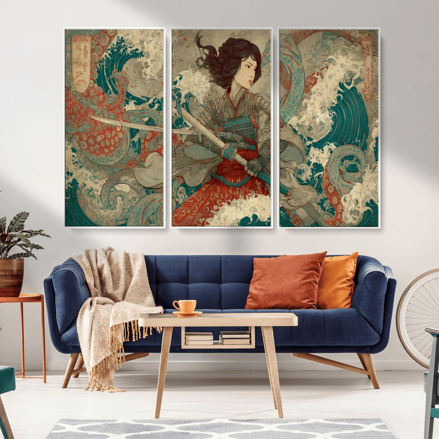 63377977-MGV-FC-48X32-3P_White-Tsukioka Yoshitoshi Samurai Wall Art Print, Japanese Katana Warrior Canvas Wall Art, Octopus Sea Monster Canvas Print,