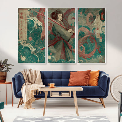 91666601-MGV-CV-36X24-Samurai Woman vs Octopus Wall Art – Japanese Ukiyo-e Green Robe Canvas Print, Ocean Battle Artwork for Living Room, Office, Man