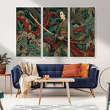 18902796-MGV-CV-36X24-Samurai Woman vs Octopus Wall Art – Japanese Ukiyo-e Green Kimono Canvas Print, Ocean Battle Scene Artwork for Living Room,
