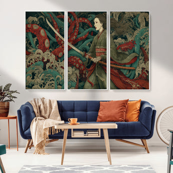 18902796-MGV-CV-36X24-Samurai Woman vs Octopus Wall Art – Japanese Ukiyo-e Green Kimono Canvas Print, Ocean Battle Scene Artwork for Living Room,