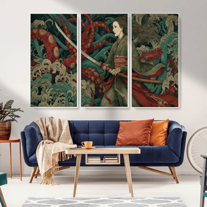18902796-MGV-CV-36X24-Samurai Woman vs Octopus Wall Art – Japanese Ukiyo-e Green Kimono Canvas Print, Ocean Battle Scene Artwork for Living Room,