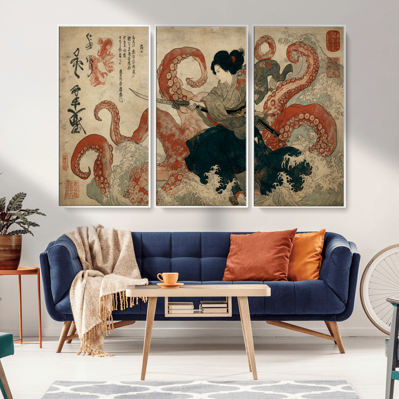 82737246-MGV-CV-36X24-Samurai Woman vs Octopus Wall Art – Japanese Ukiyo-e Dual Sword Canvas Print, Red Tentacle Ocean Battle Artwork for Living Room,