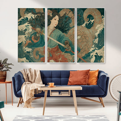 79740258-MGV-CV-36X24-Samurai Woman vs Octopus Wall Art – Japanese Ukiyo-e Blue Kimono Canvas Print, Ocean Battle Artwork for Living Room, Office, Man