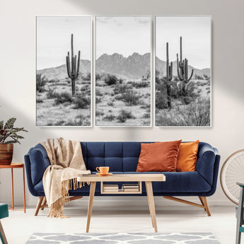 97436PHN-MGV-CV-36X24-Desert Landscape Wall Art – Black and White Cactus and Mountain Canvas Print, Southwestern Nature Photography for Living Room,