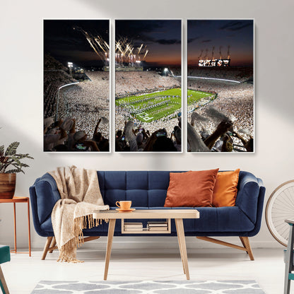 Penn-MGV-CV-36X24-Football Stadium Wall Art – Panoramic Night Game Canvas Print, Packed Crowd with Fireworks, Sports Decor for Office, Man Cave, Bar