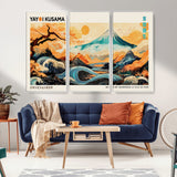 94085549-MGV-FC-48X32-3P_White-Yayoi Kusama Inspired Japanese Landscape Art Print – Vibrant Mount Fuji, Waves & Autumn Trees, Modern Decorative Poster for