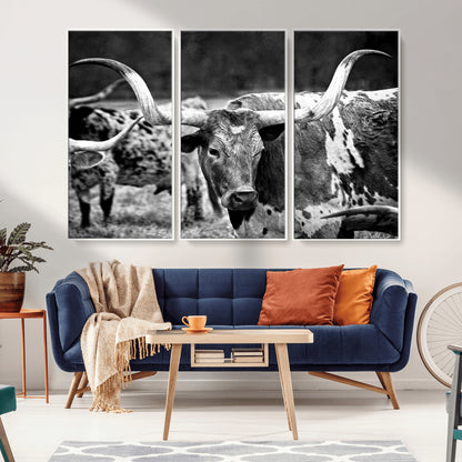 15425553-MGV-CV-36X24-Western Wall Art – Longhorn Cattle Black and White Canvas Print, Rustic Ranch Photography Decor for Bedroom, Living Room, Office,