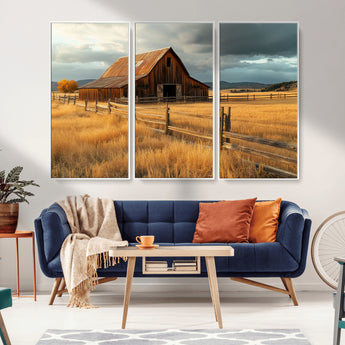 16480179-MGV-CV-36X24-Farmhouse Wall Art – Rustic Barn and Golden Field Canvas Print, Country Landscape Photography Decor for Bedroom, Living Room,