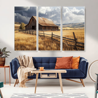 23718739-MGV-CV-36X24-Farmhouse Wall Art – Rustic Barn and Golden Wheat Field Canvas Print, Country Landscape Photography Decor for Bedroom, Living