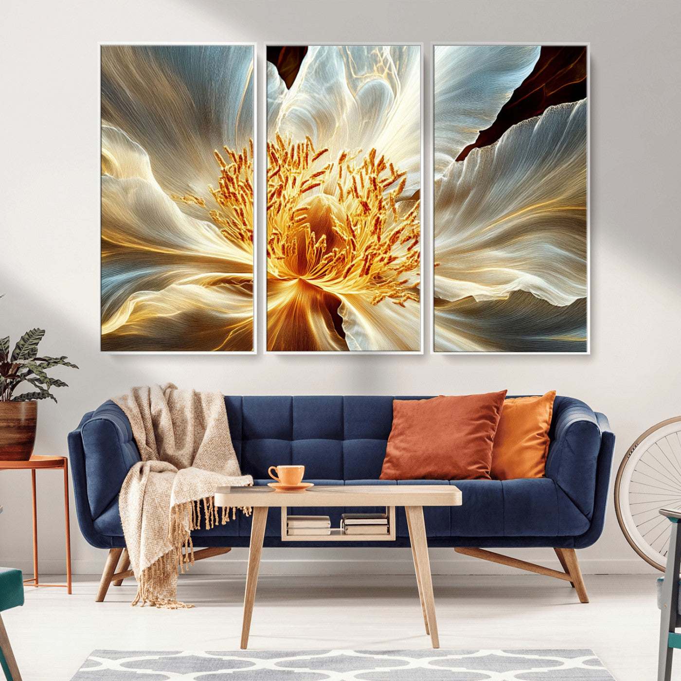 20862576-MGV-CV-36X24-Golden Abstract Flower Canvas Wall Art – Modern Botanical Bloom Print, Elegant Floral Artwork for Living Room, Bedroom, Office