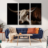 27414857-MGV-FC-48X32-3P_White-Texas Longhorn Bull Canvas Wall Art – Rustic Western Farmhouse Decor, Brown & White Cow Portrait, Animal Print for Ranch Home