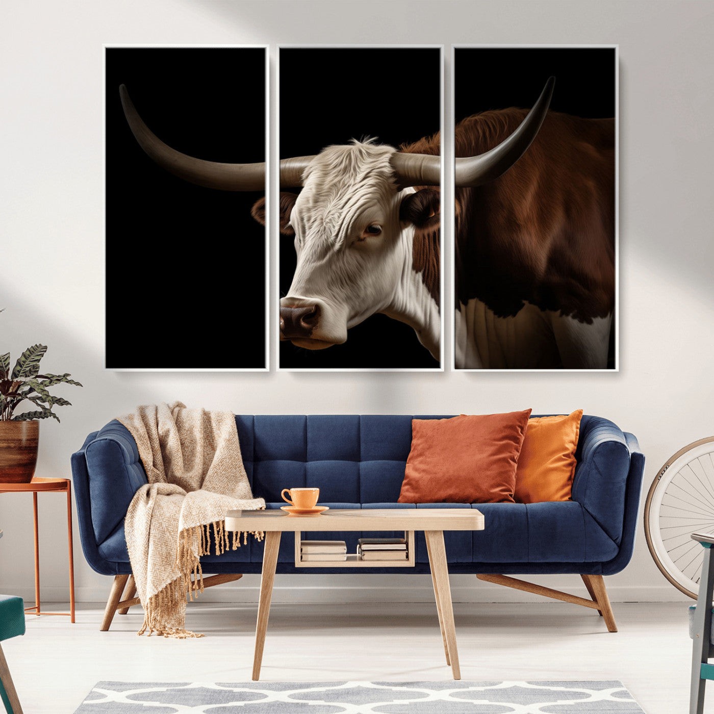 27414857-MGV-CV-36X24-Longhorn Bull Wall Art – Dramatic Western Steer Portrait Canvas Print, Rustic Farmhouse Animal Decor for Living Room, Office, or