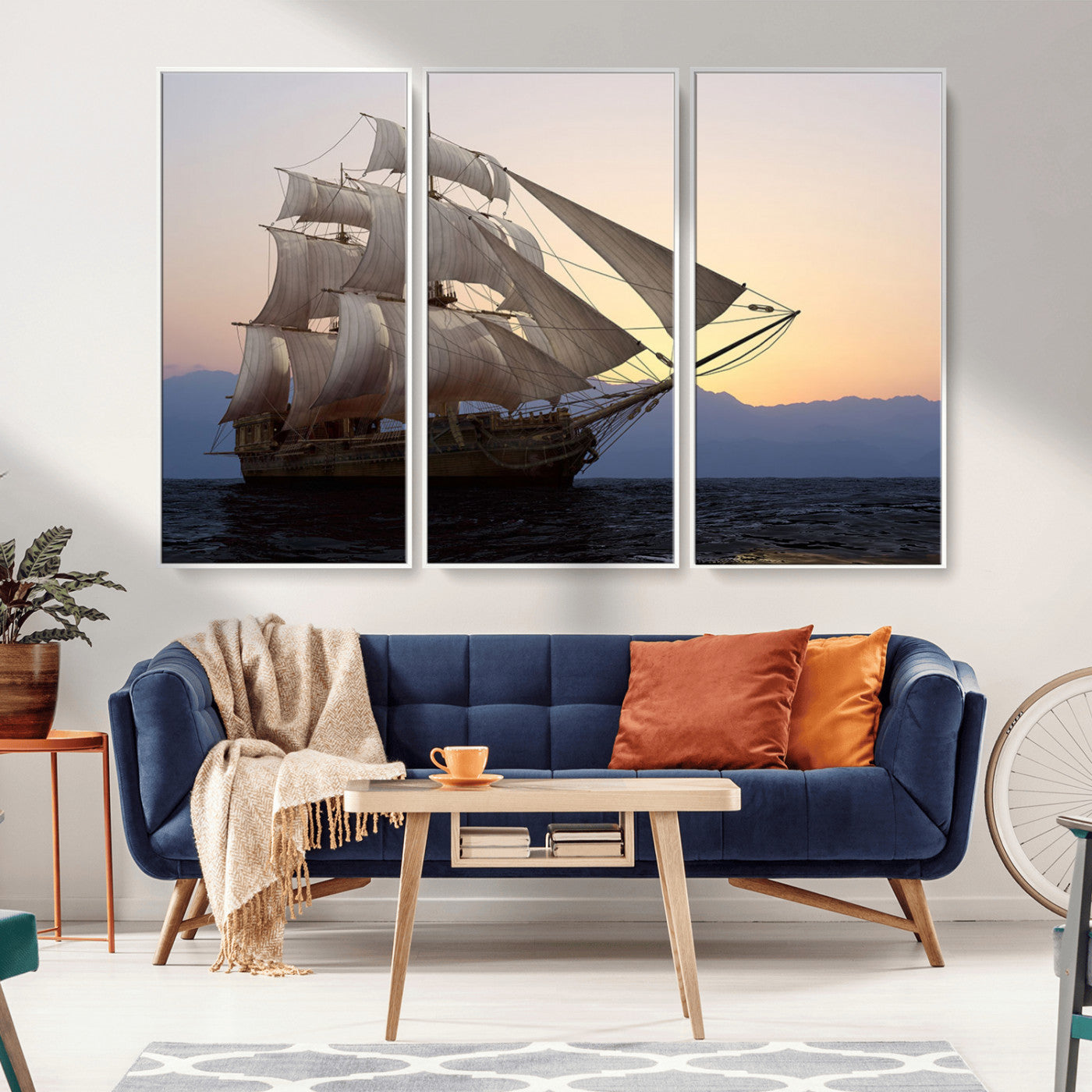 99957679-MGV-CV-36X24-Majestic Sailing Ship Wall Art – Sunset Ocean Voyage, Classic Tall Ship with Wind Filled Sails Canvas Print for Home, Office,