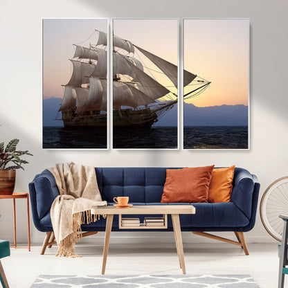 99957679-MGV-CV-36X24-Majestic Sailing Ship Wall Art – Sunset Ocean Voyage, Classic Tall Ship with Wind Filled Sails Canvas Print for Home, Office,