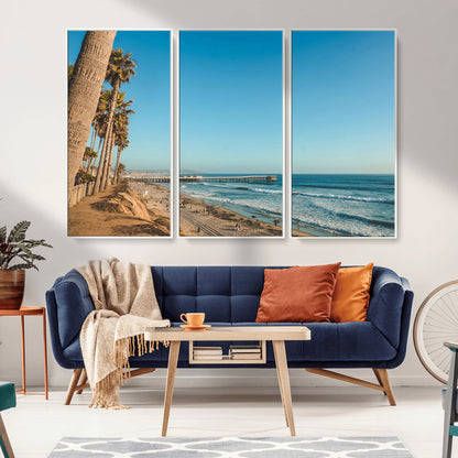 92568259-MGV-CV-36X24-California Beach Wall Art – Palm Tree Pier Canvas Print, Coastal Ocean Photography Seaside Decor for Living Room, Bedroom, Office,
