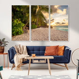 89531159-MGV-CV-36X24-Tropical Beach Sunset Canvas Wall Art – Palm Trees Golden Sand Ocean Waves Coastal Paradise Print for Beach House Bedroom Bathroom