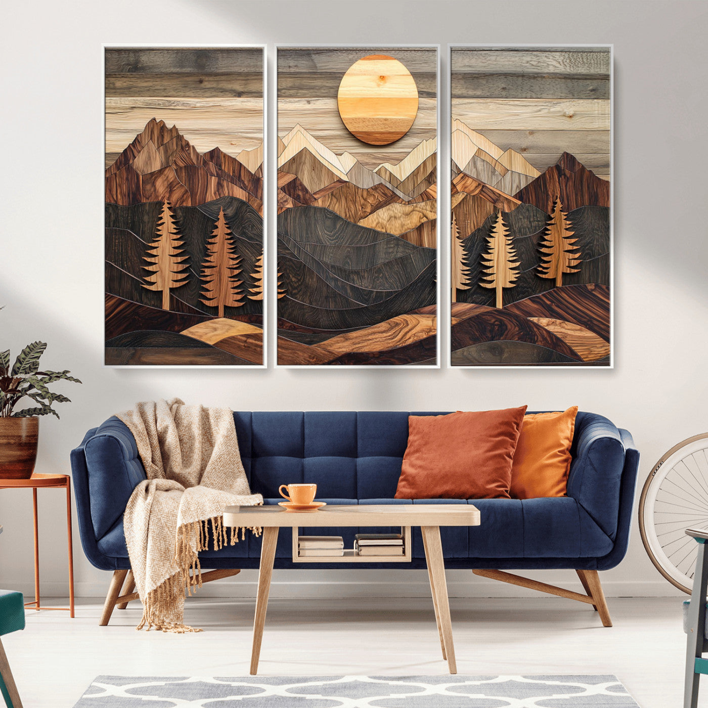 90044381-MGV-CV-36X24-Rustic Wall Art – Wooden Mountain Landscape with Sun and Pine Trees, Handcrafted Nature Canvas Style Decor for Bedroom, Living