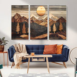 90044381-MGV-CV-36X24-Rustic Wall Art – Wooden Mountain Landscape with Sun and Pine Trees, Handcrafted Nature Canvas Style Decor for Bedroom, Living