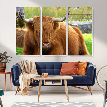 68411138-MGV-FC-48X32-3P_White-Farmhouse Wall Art – Highland Cow Canvas Print, Rustic Country Cattle Photography Decor for Bedroom, Living Room, Office, Ranch,