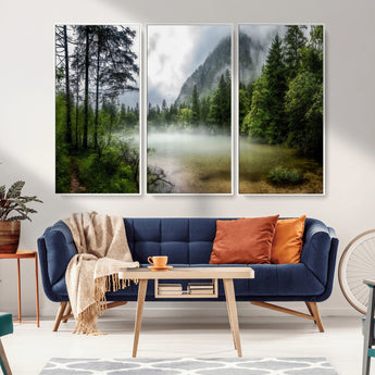 93123937-MGV-CV-36X24-Landscape Wall Art – Misty Mountain Lake Canvas Print, Tranquil Forest and Waterfall Photography Decor for Bedroom, Living Room,