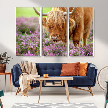 64069351-MGV-CV-36X24-Farmhouse Wall Art – Highland Cow in Wildflowers Canvas Print, Rustic Country Cattle Photography Decor for Bedroom, Living Room,