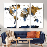 MGV-FC-48X32-3P - World Map Wall Art Canvas Print, Framed Blue Gold Map Art Picture Print, Rustic Atlas Perfect Rustic Modern Decor Artwork