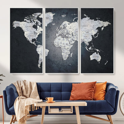 MGV-FC-48X32-3P - Monochrome World Map Wall Art Canvas Print, Framed Minimalist Map Art Picture Print, Modern Atlas Perfect Modern Minimalist Decor Artwork