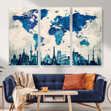 MGV-FC-48X32-3P - Blue World Map Wall Art Canvas Print, Framed Iconic Landmarks Art Picture Print, Blue Globe Map Perfect Elegant Explorer Decor Artwork