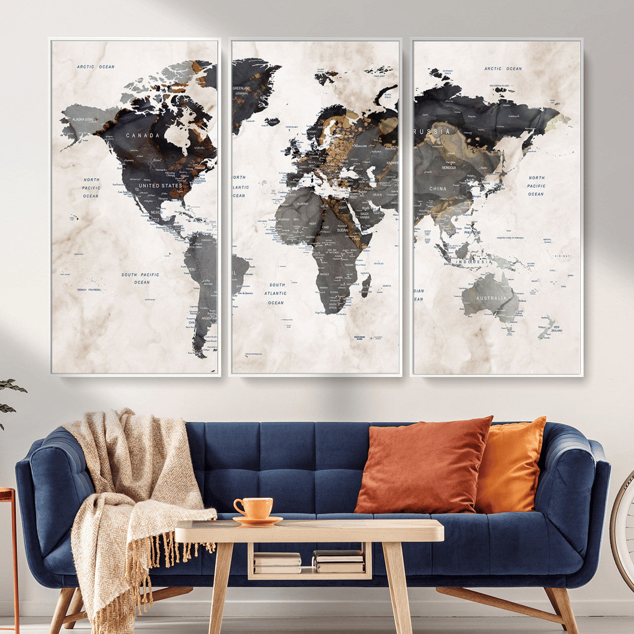 MGV-FC-48X32-3P - World Map Wall Art Canvas Print, Framed Rustic Map Art Picture Print, Antique Map Perfect Rustic Explorer Decor Artwork