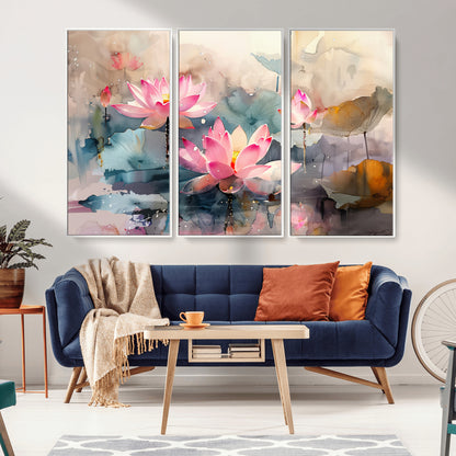 18414-MGV-CV-36X24-Pink Lotus Wall Art Canvas Print, Framed Water Lily Art Picture Print, Dreamy Floral Perfect Dreamy Botanical Decor Artwork