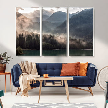 64758-MGV-CV-36X24-Misty Mountains Wall Art Canvas Print, Framed Moody Pines Art Picture Print, Forest Lake Perfect Moody Alpine Decor Artwork