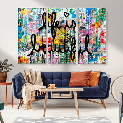36856-MGV-FC-48X32-3P_White-Life Is Beautiful Wall Art – Colorful Graffiti Canvas Print, Modern Street Style Artwork, Inspirational Decor for Living Room,