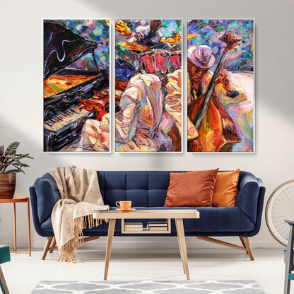13675-MGV-CV-36X24-Jazz Band Wall Art Canvas Print, Framed Jazz Oil Painting Art Picture Print, Vibrant Music Perfect Abstract Musical Decor Artwork