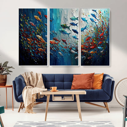 89626-MGV-CV-36X24-Fish Swarm Wall Art Canvas Print, Framed Abstract Ocean Art Picture Print, Underwater Life Perfect Vibrant Coastal Decor Artwork