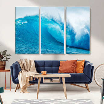 15566-MGV-FC-48X32-3P_White-Ocean Wave Wall Art Canvas Print, Framed Curling Wave Art Picture Print, Vibrant Surf Wave Perfect Coastal Surf Decor Artwork