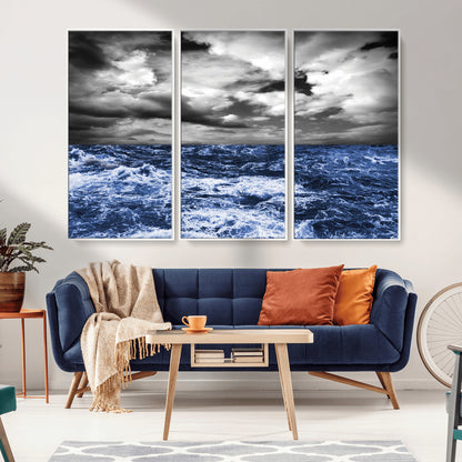91043-MGV-CV-36X24-Stormy Ocean Wall Art Canvas Print, Framed Moody Seascape Art Picture Print, Monochrome Sea Perfect Coastal Drama Decor Artwork