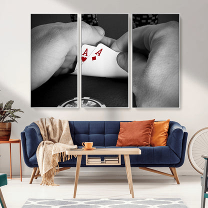 62460-MGV-CV-36X24-Poker Game Wall Art – Close Up of Hands Holding Aces with Chips, Casino Style Decor for Game Room, Man Cave or Office