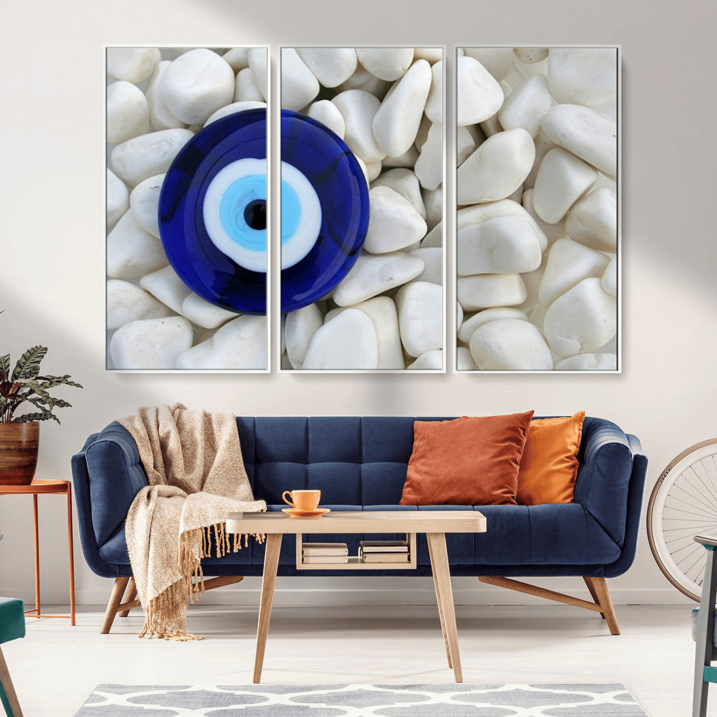 48883-MGV-CV-36X24-Evil Eye Wall Art – Deep Blue Symbol of Presence and Calm on White Stones, Subtle Spiritual Decor for Entryway, Studio, Office or