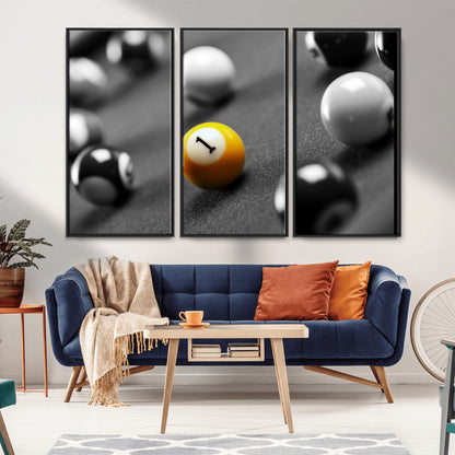 52108-MGV-FC-48X32-3P_Black-Precision Pool Table Wall Art – Close Up Yellow 1 Ball Canvas Print, Hand-Played Billiards Game Decor for Office, Game Room, or