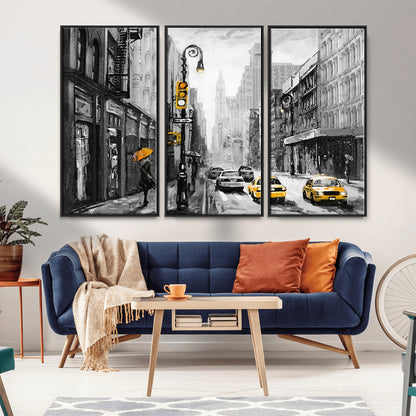 32362-MGV-CV-36X24-NYC Street Wall Art – Black and White Cityscape with Yellow Taxis and Umbrella Canvas Print, Urban Home Decor for Living Room or