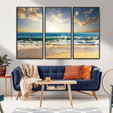 13139-MGV-CV-36X24-Sunrise Beach Wall Art – Ocean Waves and Golden Sand Canvas Print, Coastal Home Decor for Living Room, Bedroom, or Office